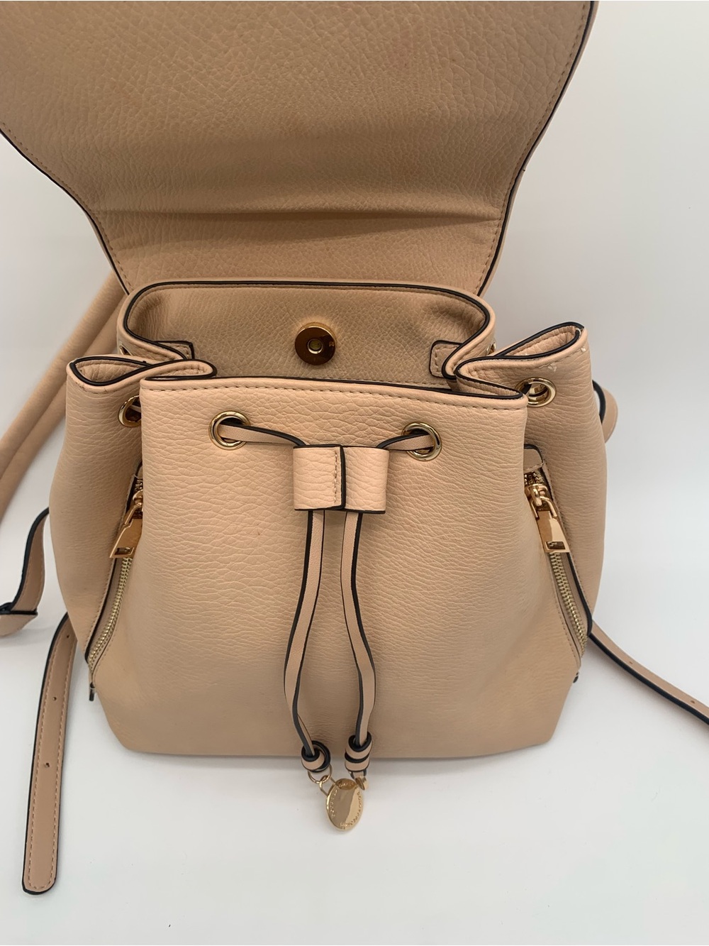 Poppy & Peonies Nude Pebbled Leather Drawstring Backpack - Picture 4 of 16